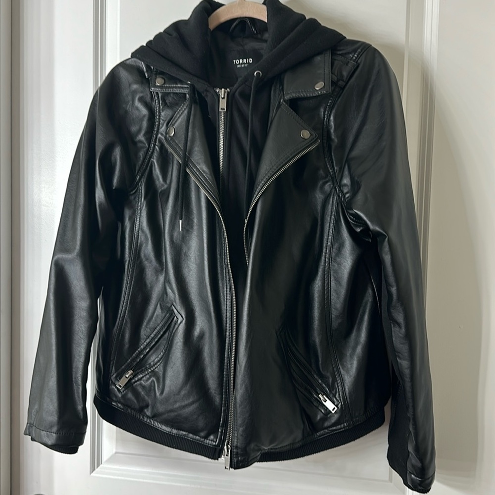 Fabric Mix Hooded Moto Jacket